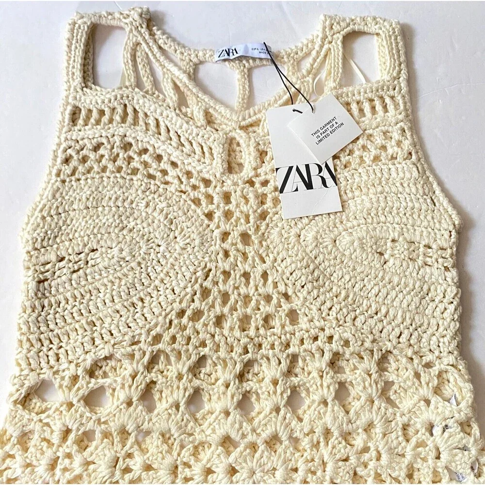 Zara Limited Edition Crochet Tank Top Womens Size Large Cream Acrylic Peplum NWT - Picture 2 of 14